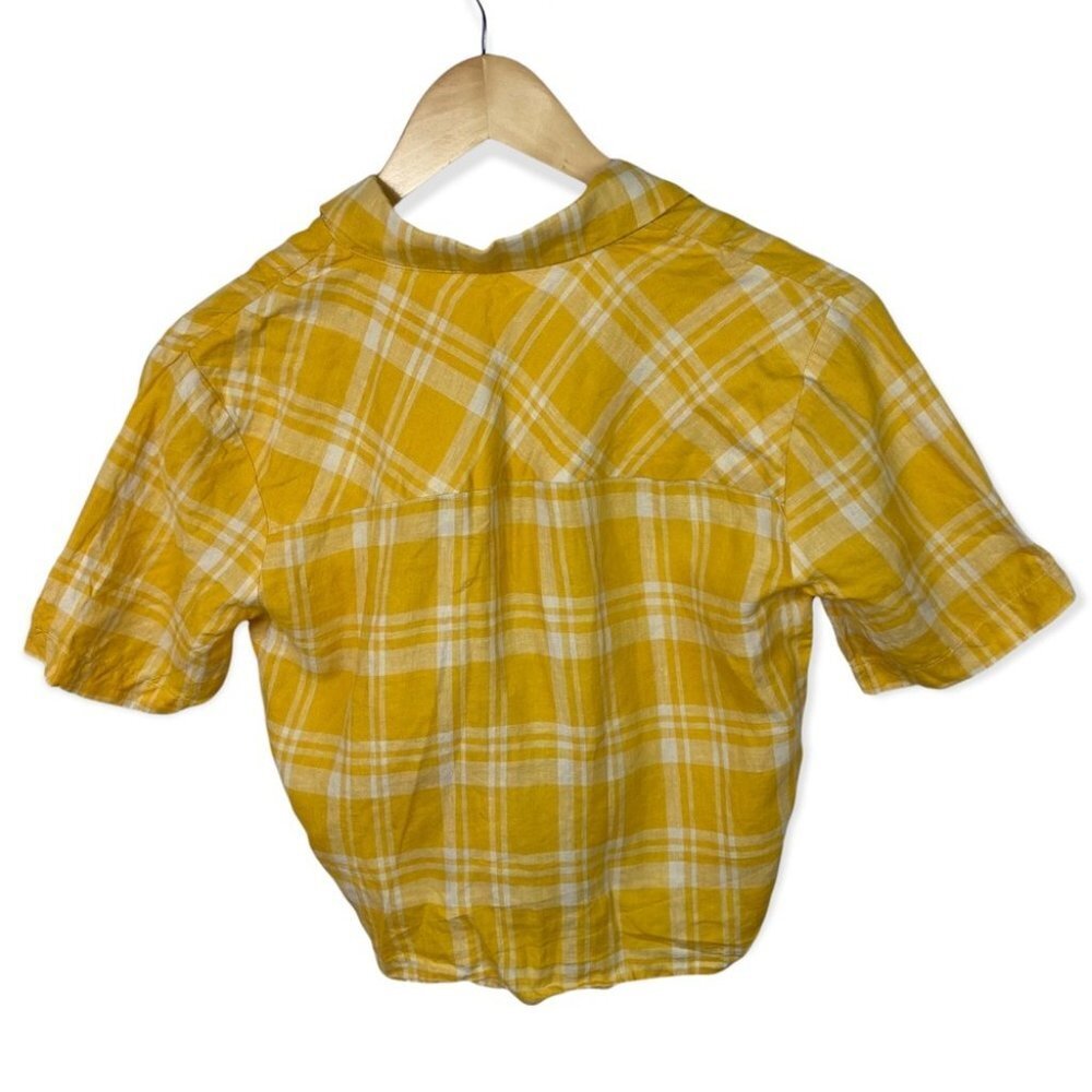 Aritzia Linen Wilfred Free Yellow Plaid Tie Front Short‎ Sleeve Button Down Top - Picture 5 of 10